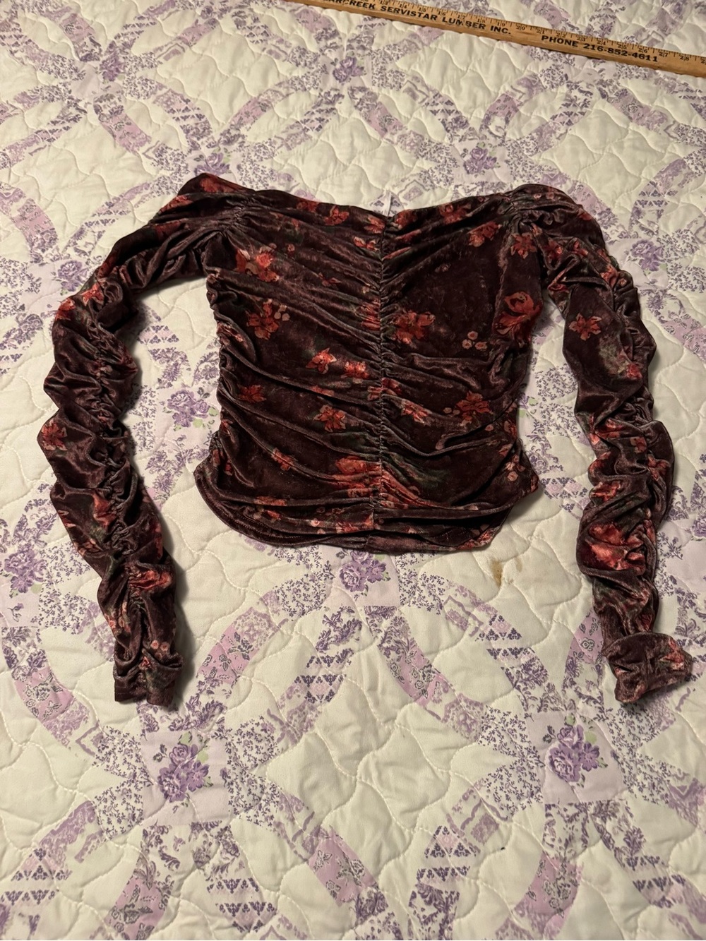 Free People Ruched Velvet Floral Long Sleeve Top - Wine